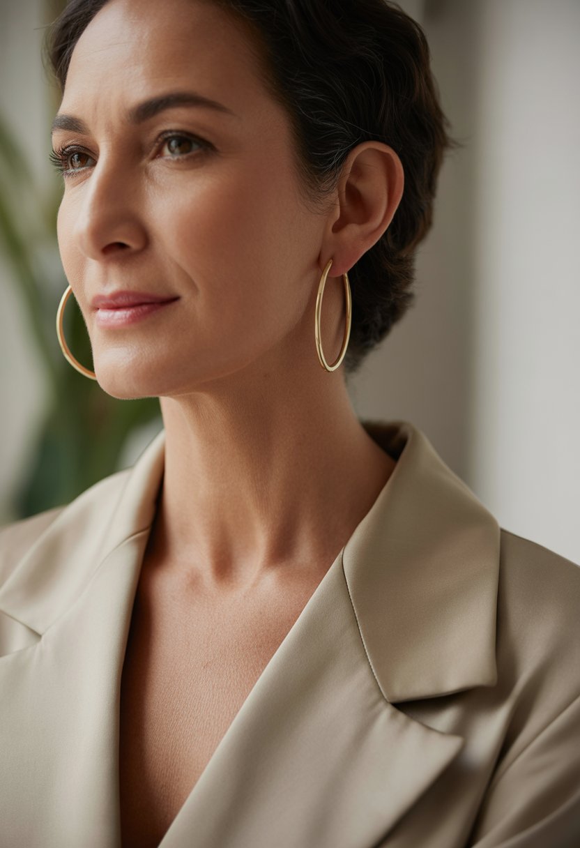 A confident woman over 40 wearing gold hoop earrings and a stylish outfit, looking poised and powerful.