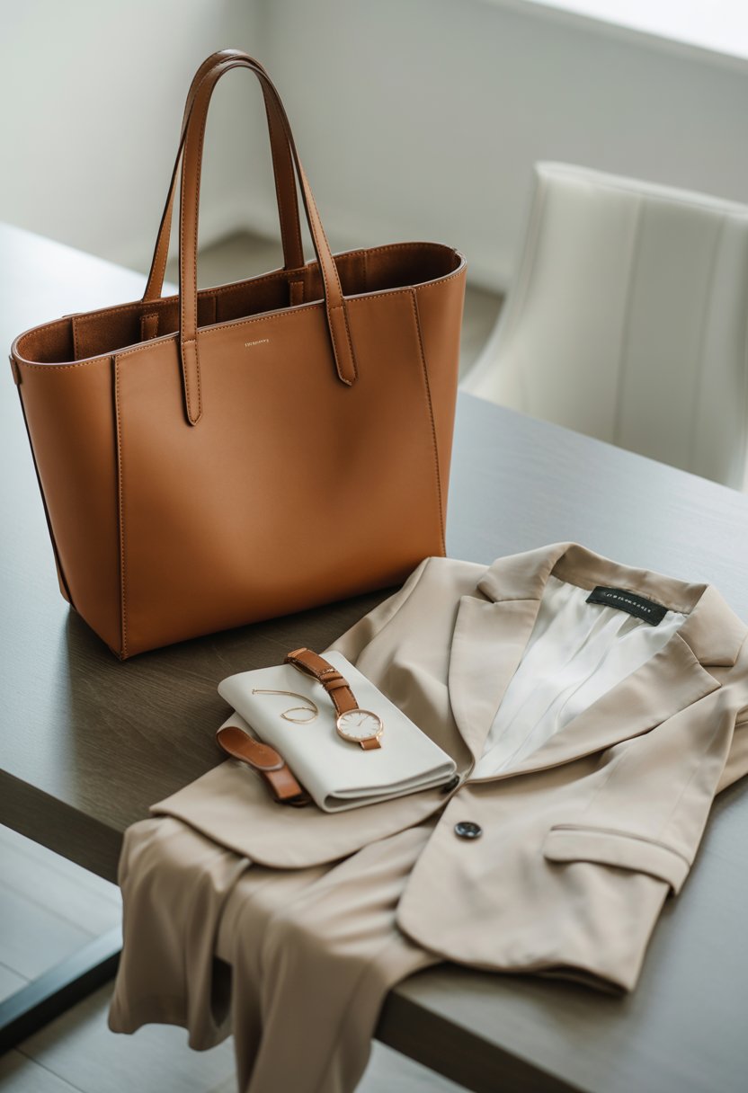 A leather tote bag and a neatly arranged outfit including a blazer, blouse, trousers, and accessories on a wooden table.