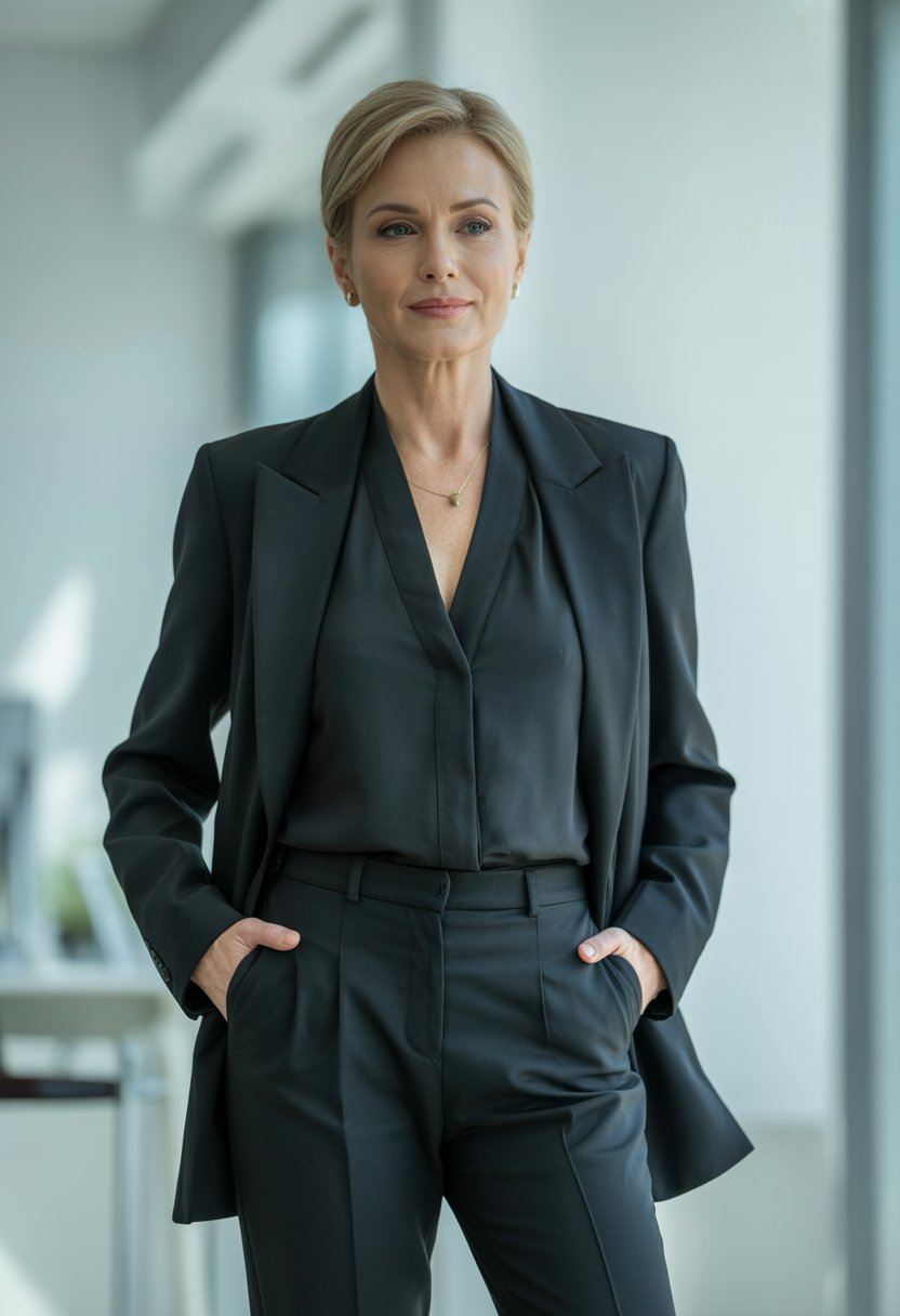 A confident woman over 40 standing in a modern office wearing a black monochrome outfit.