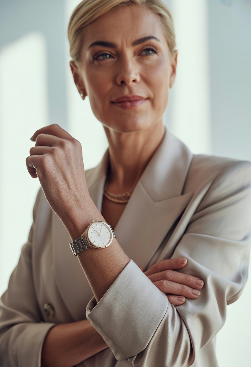 A confident woman over 40 wearing a sleek metal band watch and a stylish outfit, standing with a poised posture against a blurred background.