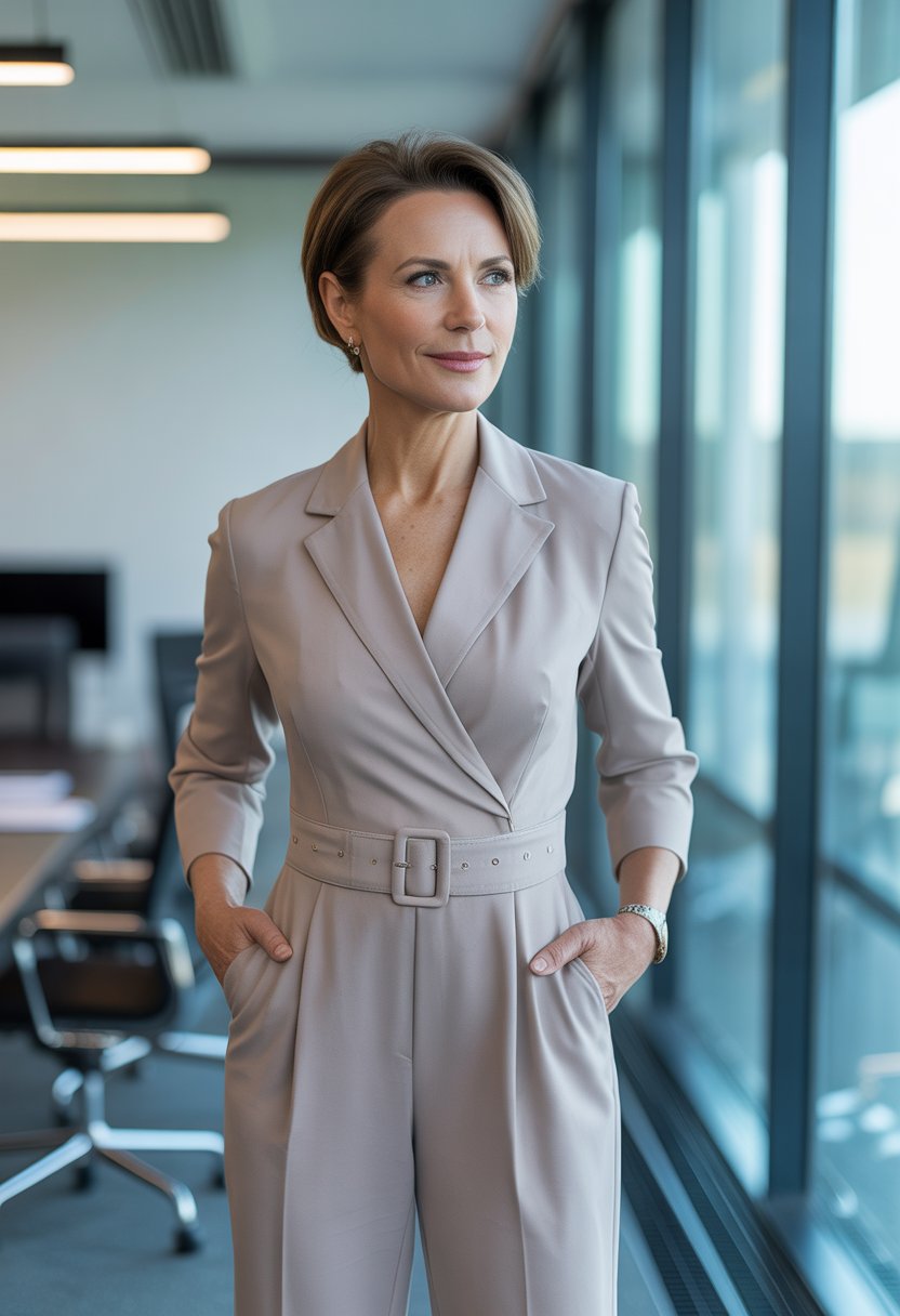 A confident woman over 40 stands in a modern office wearing a tailored jumpsuit with a defined waist.