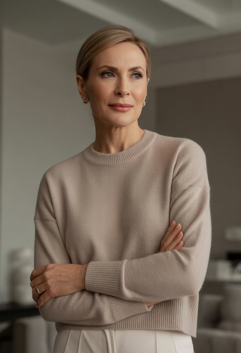 A confident woman over 40 wearing a neutral-toned cashmere sweater, standing indoors with a calm and poised expression.