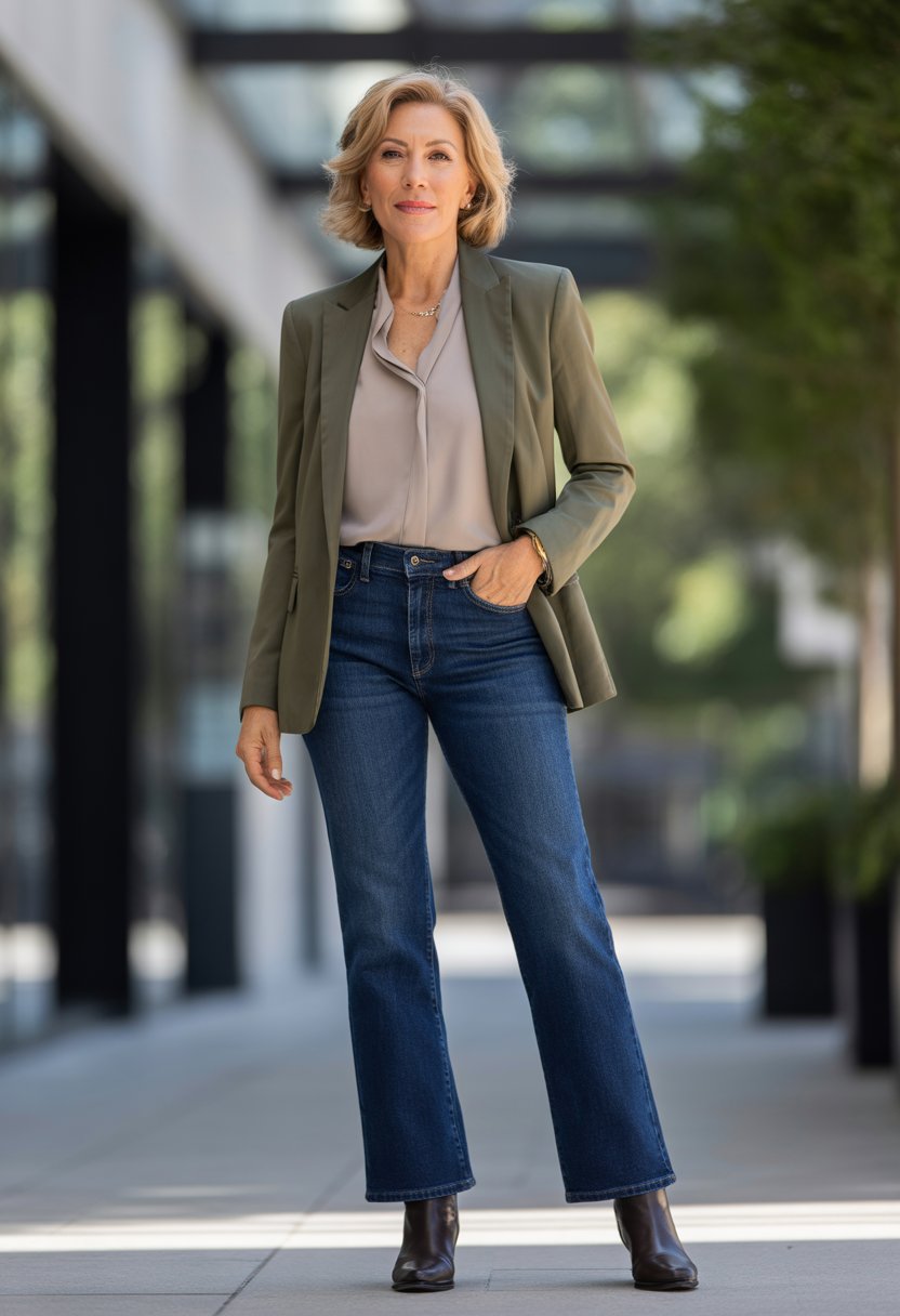 A confident woman standing outdoors wearing dark straight-leg jeans and a blazer, with a modern city background.