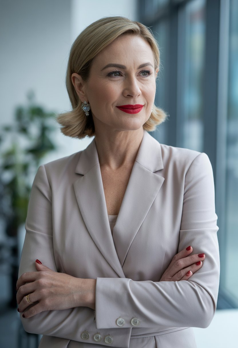 A confident woman over 40 wearing bold red lipstick and a stylish outfit, standing in a modern office setting.