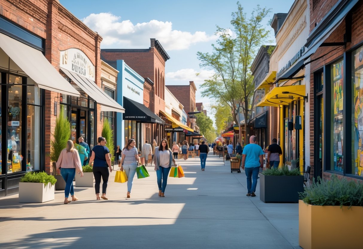 A busy street in Tulsa with people shopping at unique local stores and colorful storefronts under sunny daylight.