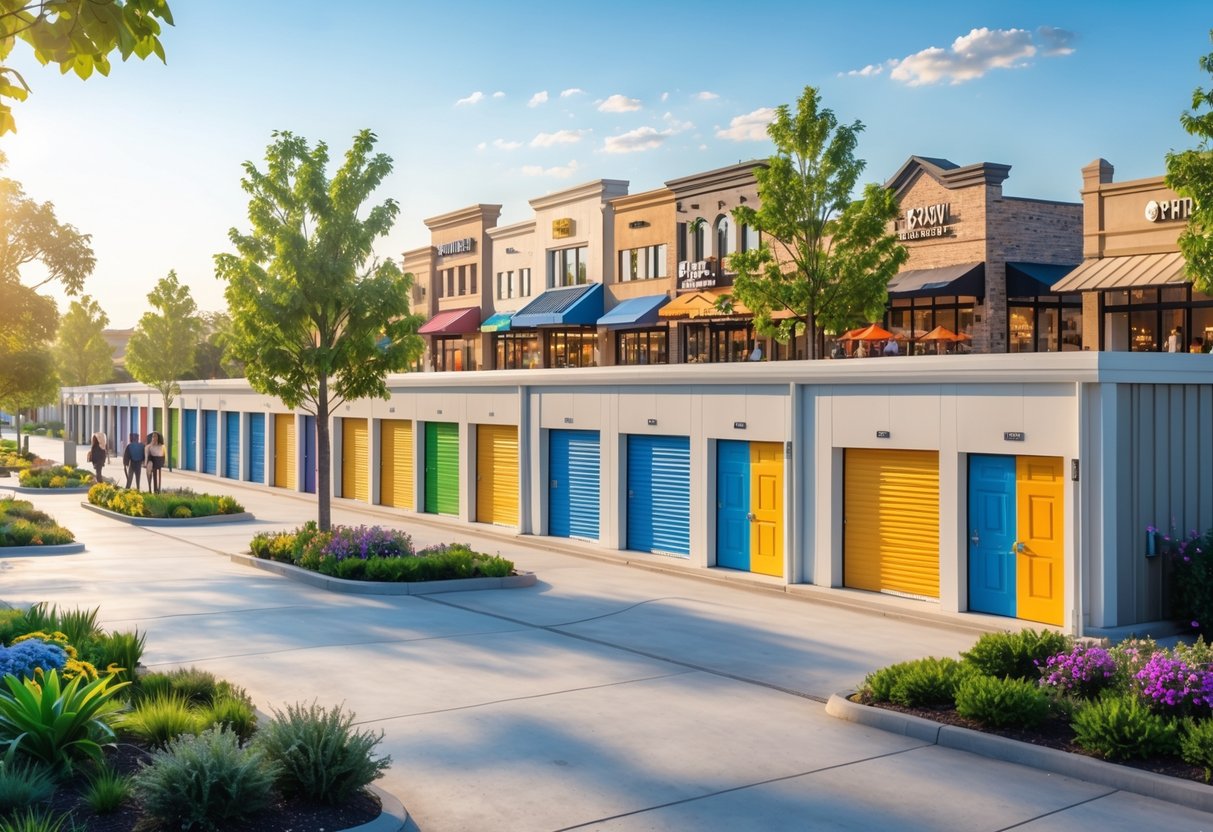 A modern storage unit facility near a bustling shopping district with colorful storefronts and people walking outdoors in Tulsa, Oklahoma.