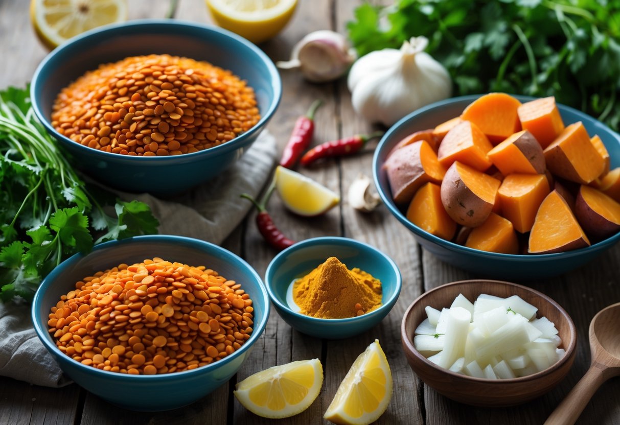 A wooden table with bowls and ingredients including red lentils, cubed sweet potatoes, garlic, onions, turmeric, cilantro, lemon, dried chili peppers, and coconut milk arranged for making curry.