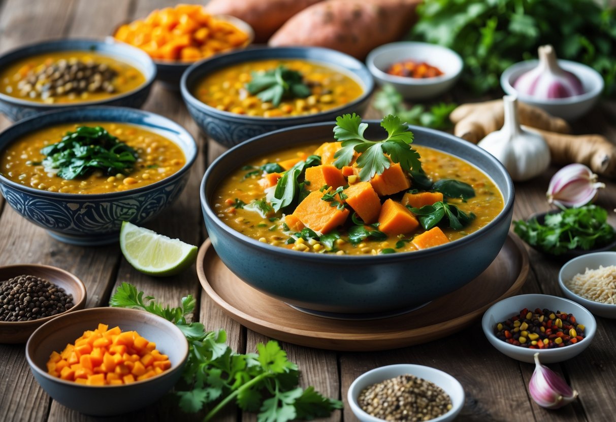 A table with bowls of red lentil and sweet potato curry, surrounded by fresh ingredients like sweet potatoes, lentils, herbs, and spices.