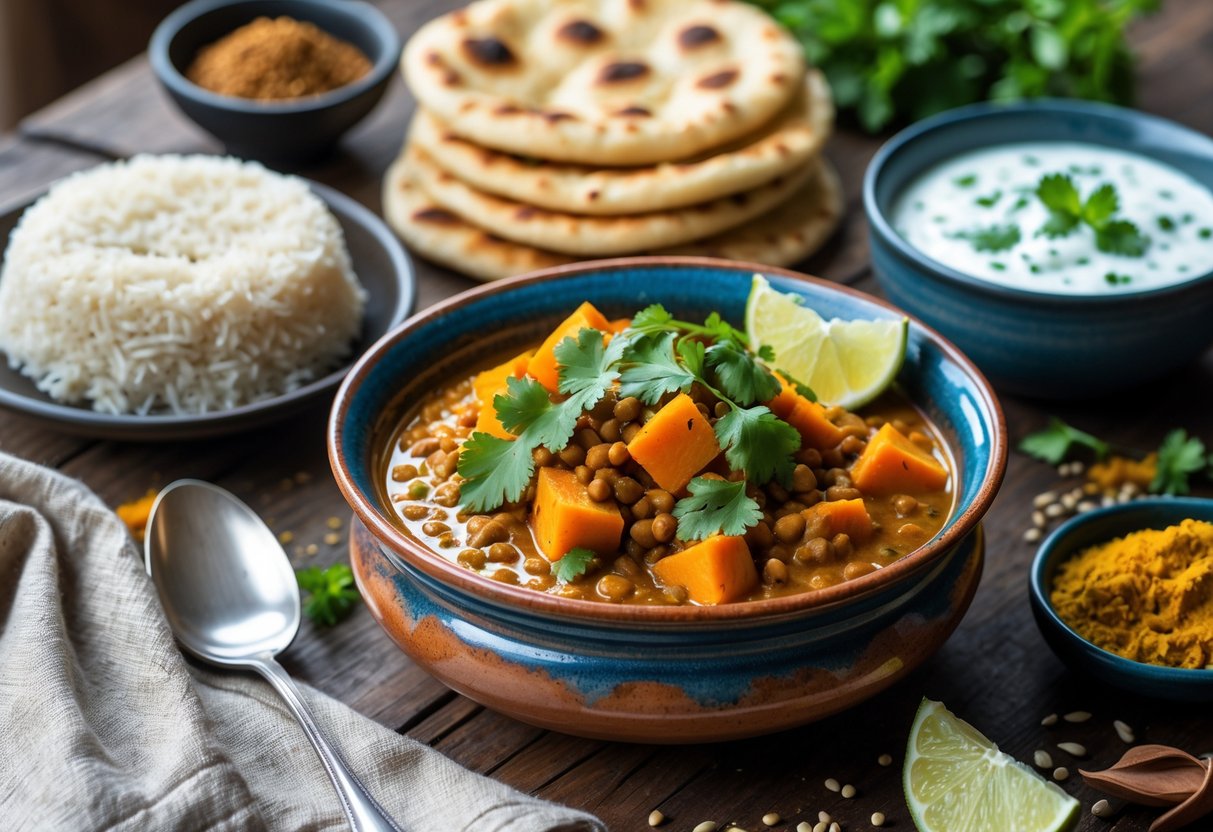 A bowl of red lentil and sweet potato curry garnished with cilantro and lime, served with basmati rice, naan bread, and yogurt raita on a wooden table.