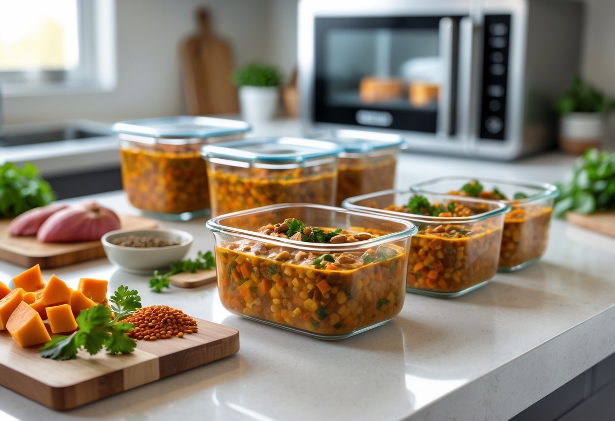 Glass containers filled with red lentil and sweet potato curry on a kitchen countertop, with fresh ingredients and a microwave in the background.