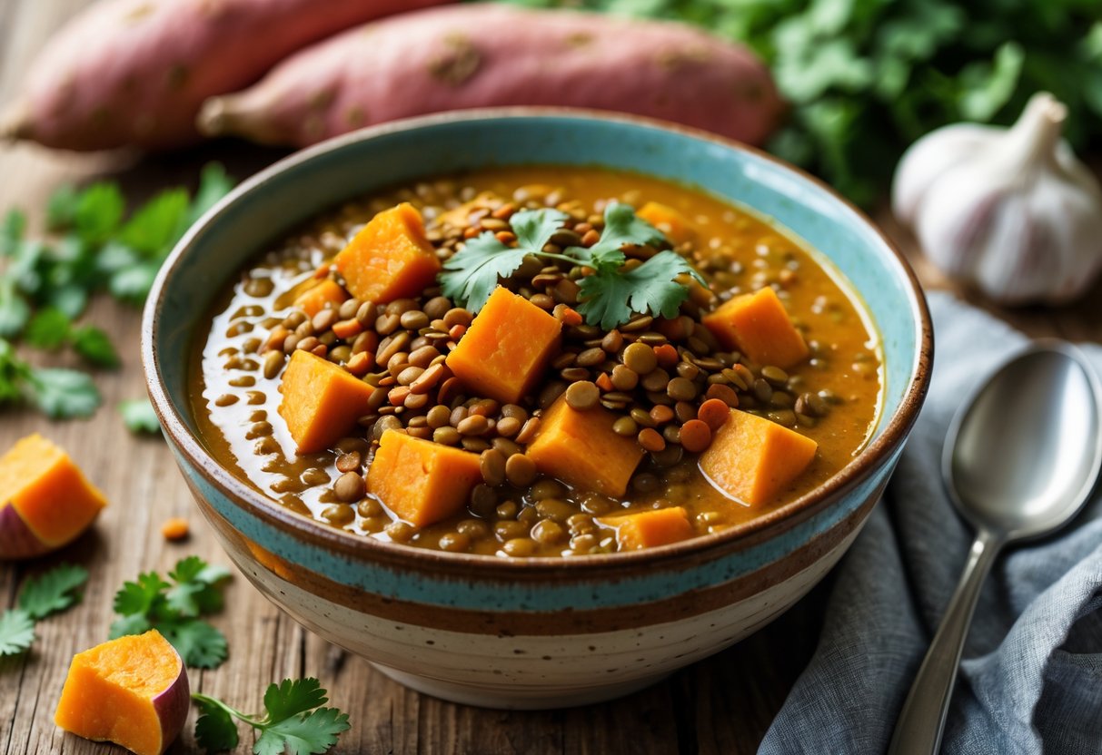 A bowl of red lentil and sweet potato curry on a wooden table with fresh ingredients around it.