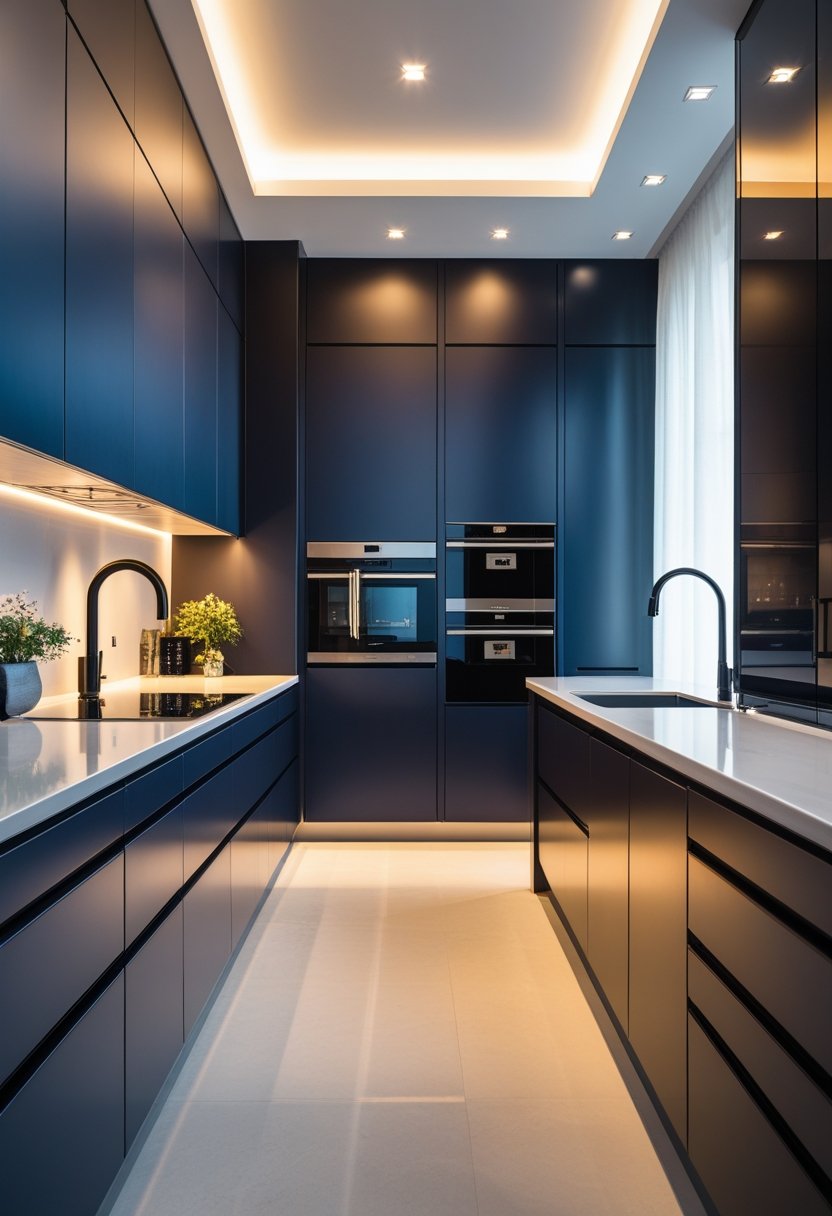 A modern kitchen interior with deep-colored cabinets and polished countertops.