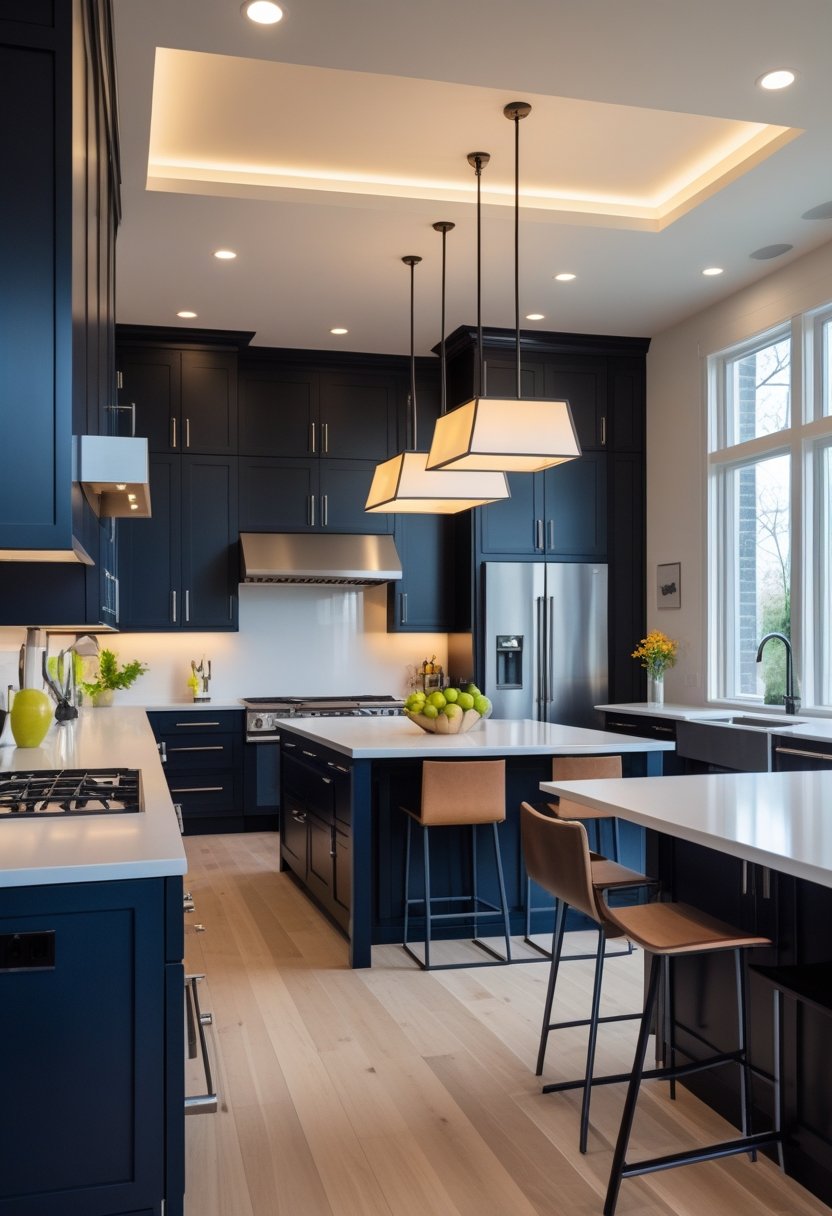 A modern kitchen with deep-colored cabinets, a central island with bar stools, stainless steel appliances, and large windows letting in natural light.