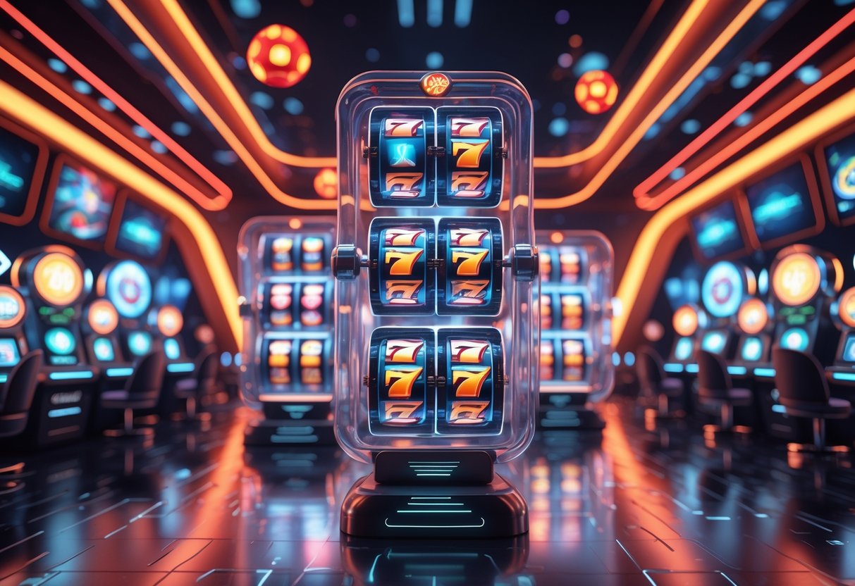 Suasana kasino futuristik dengan mesin slot holografik mengambang dan layar digital yang menampilkan perkembangan permainan game digital modern.