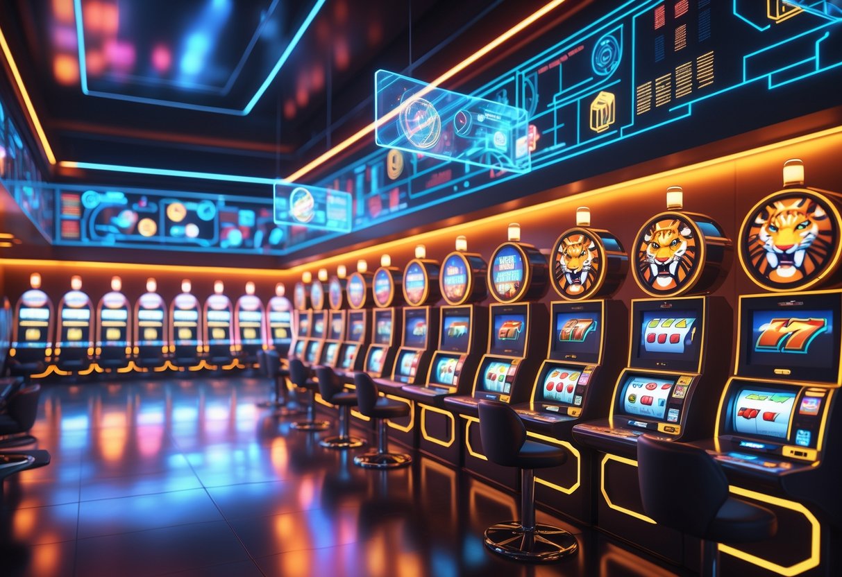 Suasana lantai kasino futuristik dengan mesin slot digital berwarna-warni dan antarmuka holografik yang menunjukkan kemajuan permainan digital.