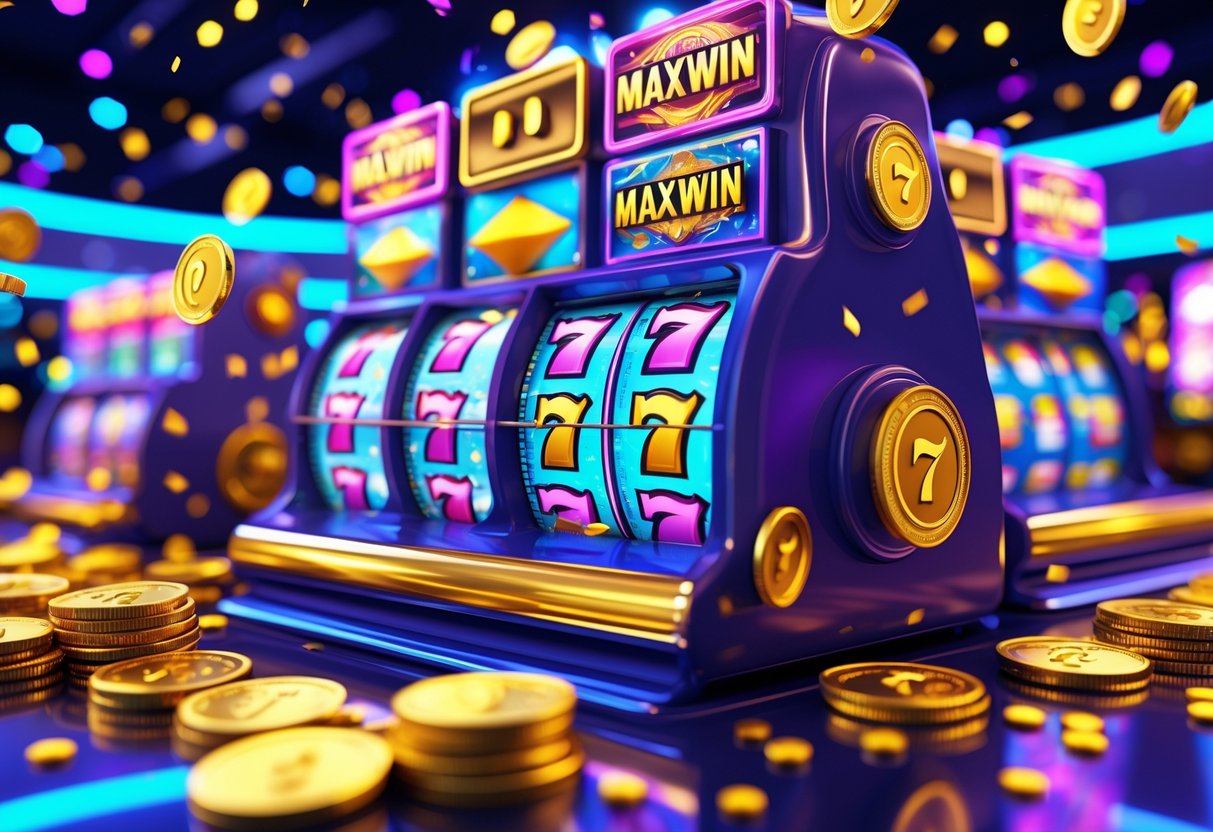Adegan mesin slot kasino dengan koin emas dan simbol kemenangan yang berjatuhan, menunjukkan suasana kemenangan besar.