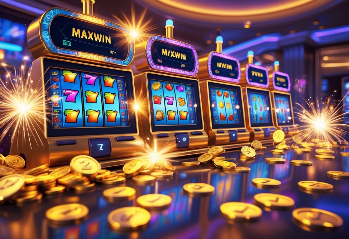 Suasana mesin slot kasino berwarna-warni dengan koin emas berkilauan dan efek cahaya yang menunjukkan kemenangan besar.
