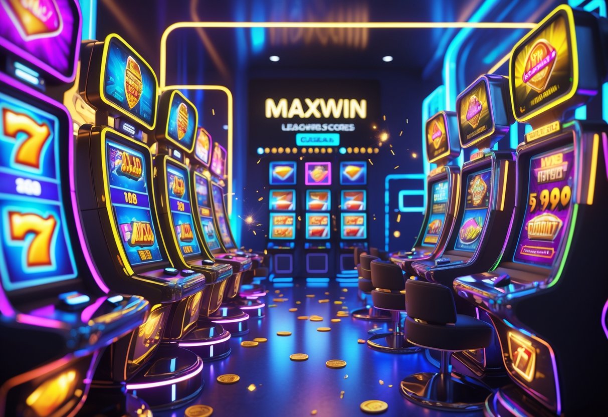 Pemandangan ruang arcade dengan banyak mesin slot berwarna-warni yang menampilkan simbol keberuntungan dan koin, dengan suasana meriah dan lampu neon.