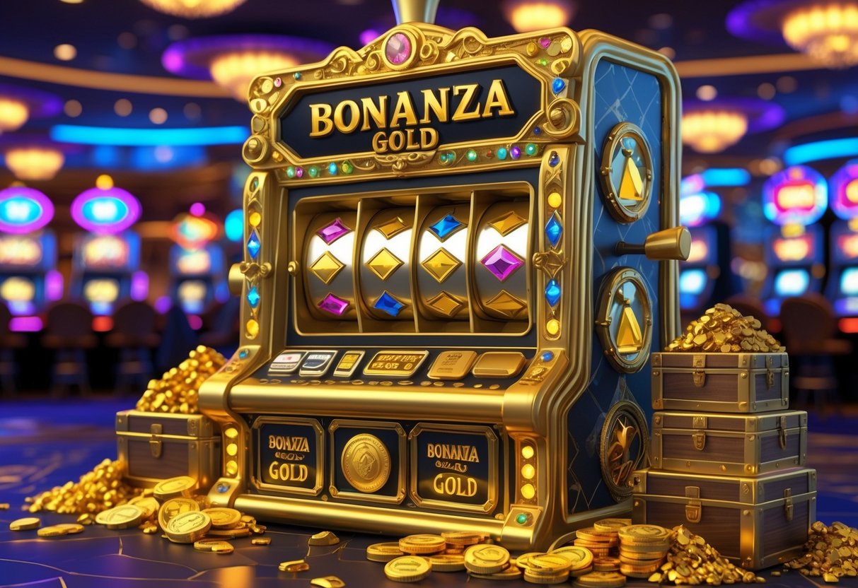 Mesin slot emas dengan tumpukan koin dan peti harta di lantai kasino yang ramai.