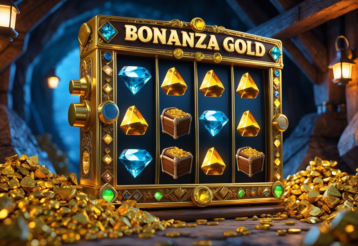 Mesin slot emas dengan simbol tambang dan tumpukan emas di sekitar dalam suasana tambang yang hangat dan berkilau.