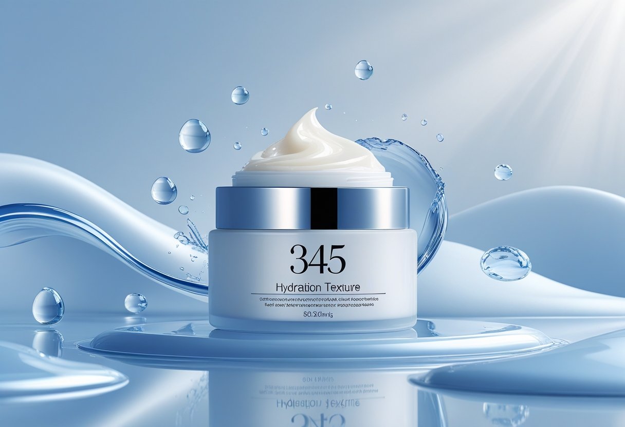 A jar of cream surrounded by water droplets and soft waves, with glowing smooth skin in the background, representing hydration and texture.