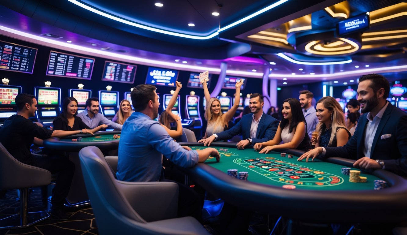Orang-orang bermain berbagai permainan kasino di dalam ruangan kasino online modern dengan lampu warna-warni dan layar digital.