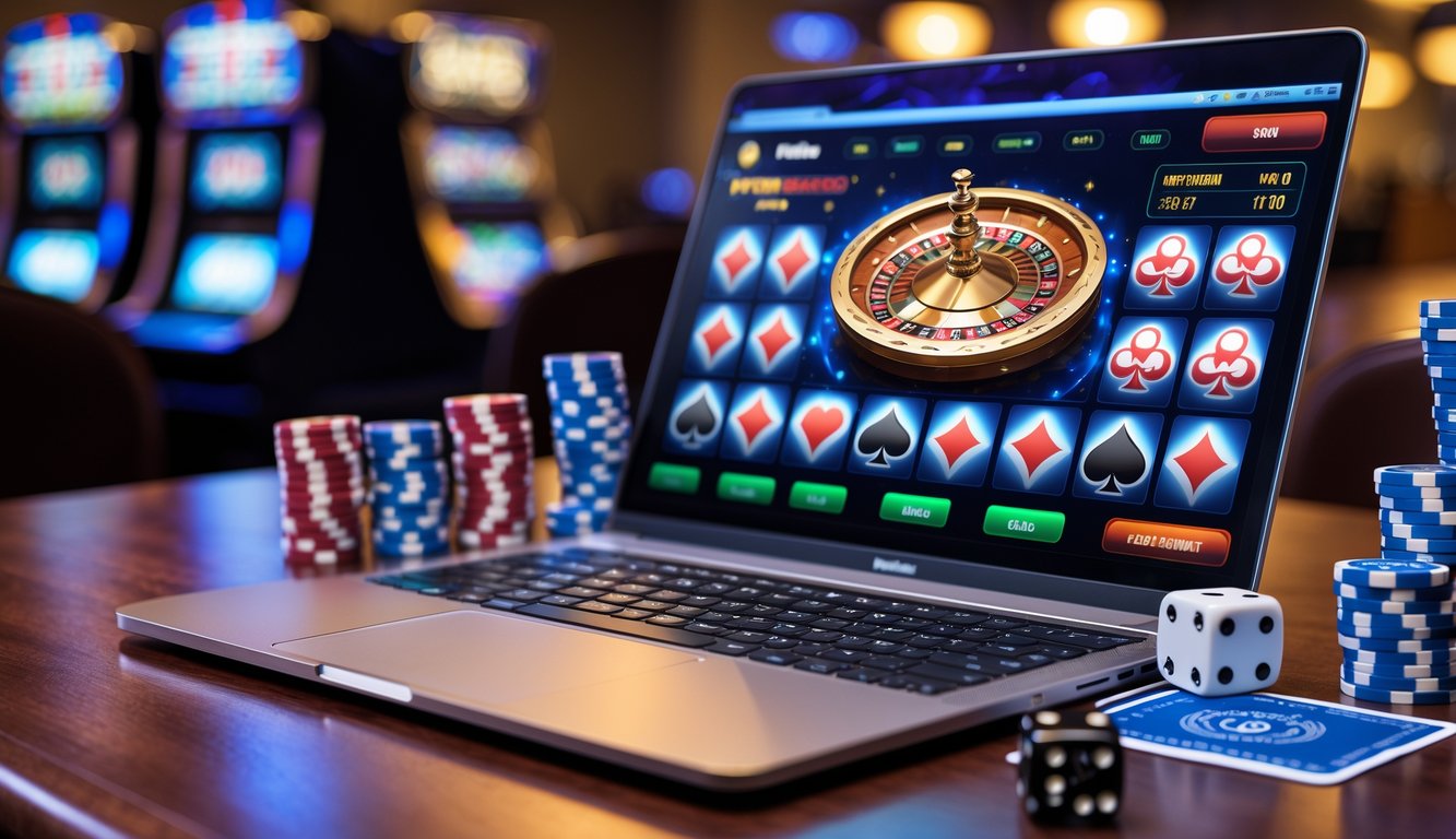 Seorang pemain sedang menggunakan komputer dengan layar menampilkan permainan kasino online, dikelilingi oleh chip poker, kartu remi, dan dadu di atas meja kayu.