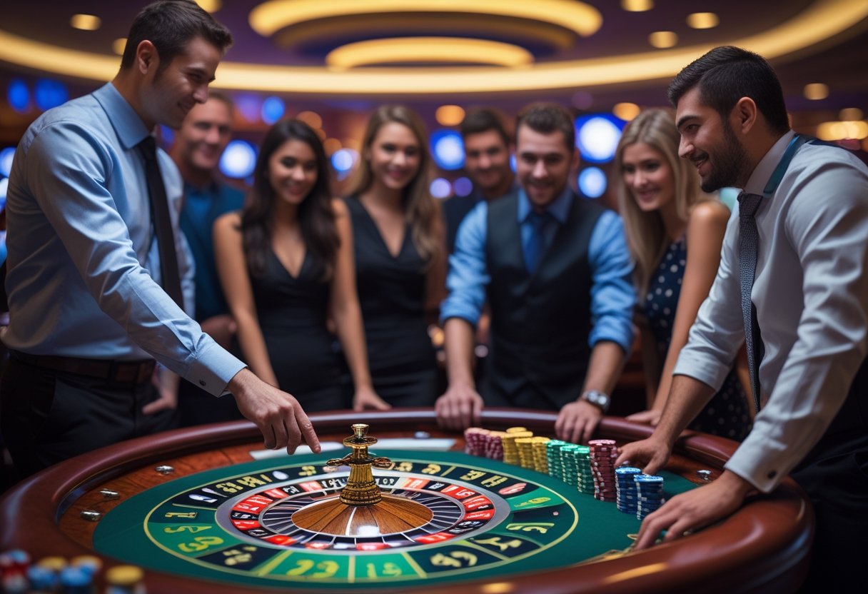 A people learning to play roulette at a casino table 
