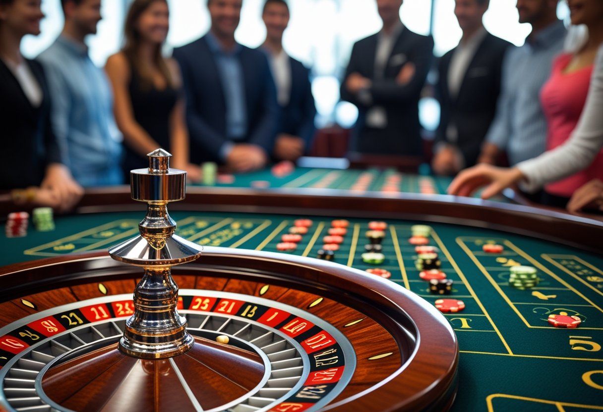 Close-up of a roulette wheel with chips on the betting layout