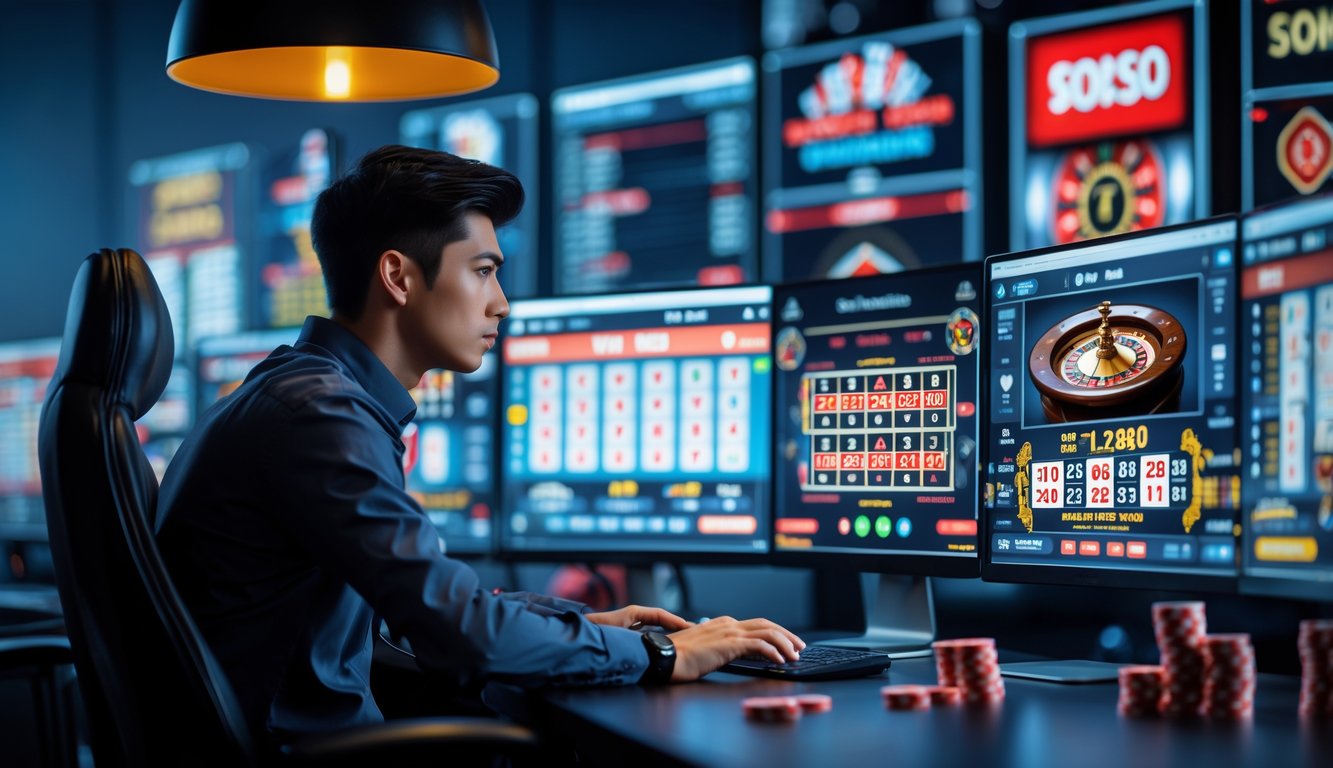 Seorang dewasa muda sedang duduk di depan beberapa layar komputer yang menampilkan permainan kasino online, fokus menganalisis data dan strategi permainan.