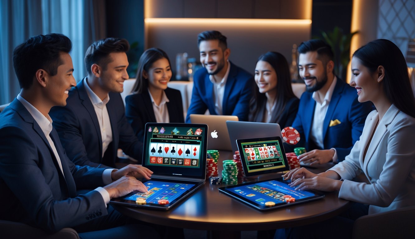 Beberapa orang menikmati permainan kasino online secara real-time menggunakan perangkat digital di ruang tamu modern.