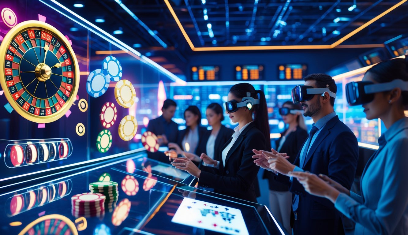 Orang-orang menggunakan teknologi canggih dengan antarmuka digital dan elemen kasino virtual dalam lingkungan futuristik.