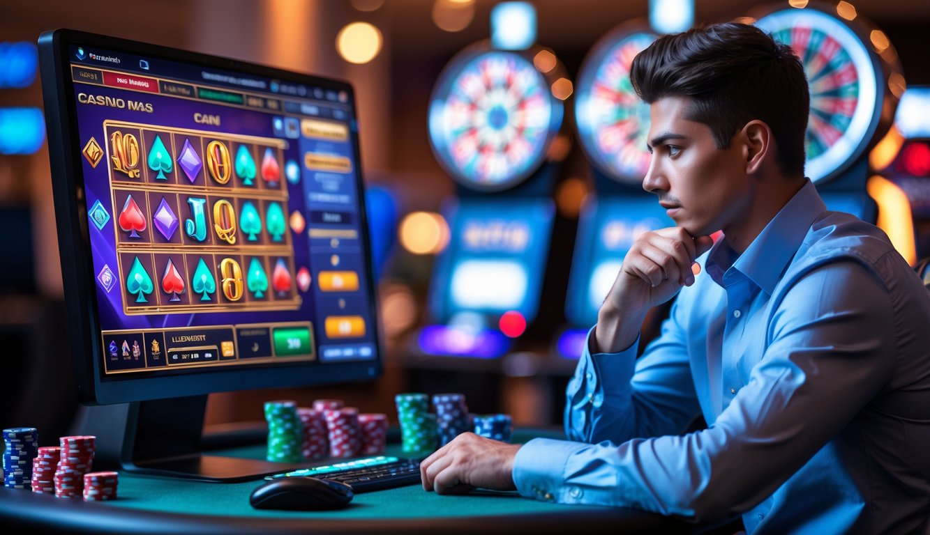 Seorang pria muda fokus bermain permainan kasino online di depan komputer dengan tumpukan chip dan kartu di meja kasino.