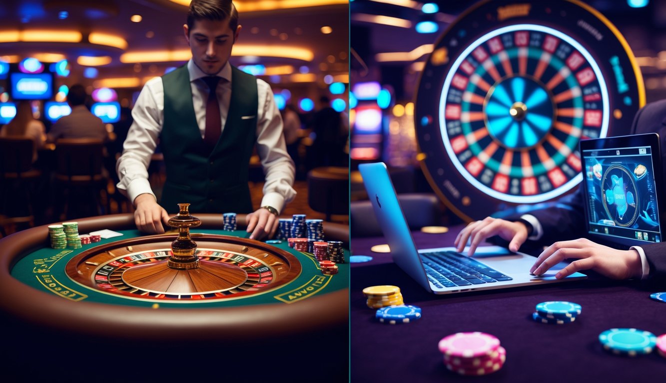 Sebuah gambar yang menunjukkan perubahan dari kasino fisik dengan meja dan dealer ke dunia kasino virtual digital dengan seseorang menggunakan laptop dan elemen kasino holografik.