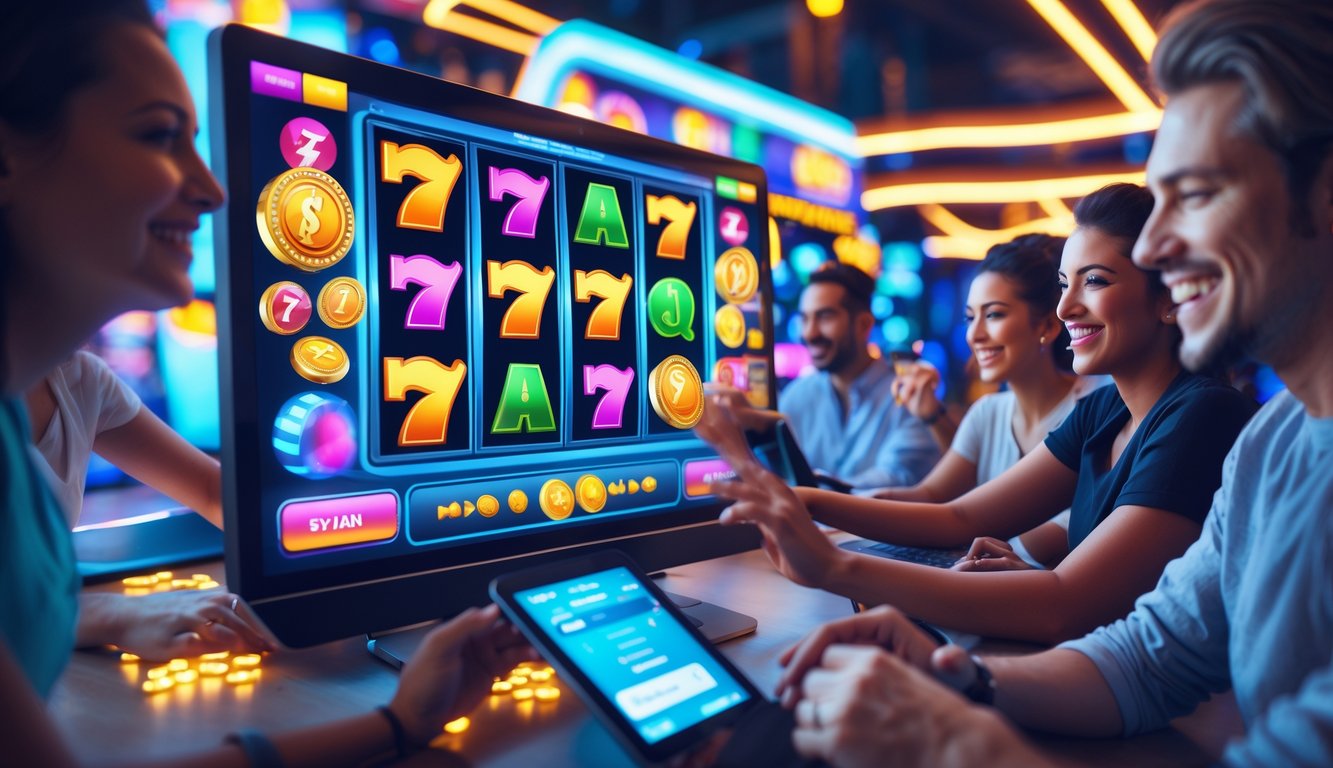 Beberapa orang bermain mesin slot online dengan antusias di berbagai perangkat dalam suasana yang penuh warna dan semangat.