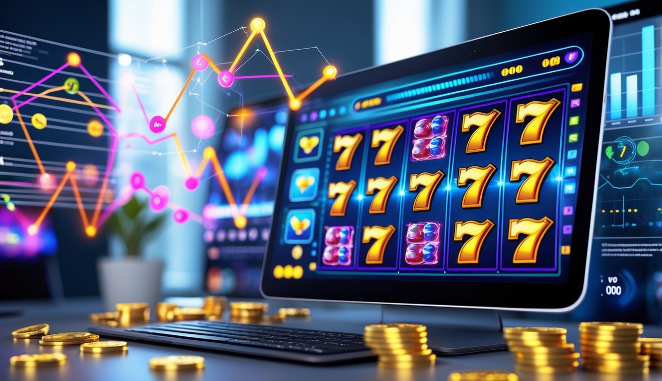 Layar perangkat menampilkan mesin slot digital dengan simbol kemenangan dan grafik data di latar belakang.
