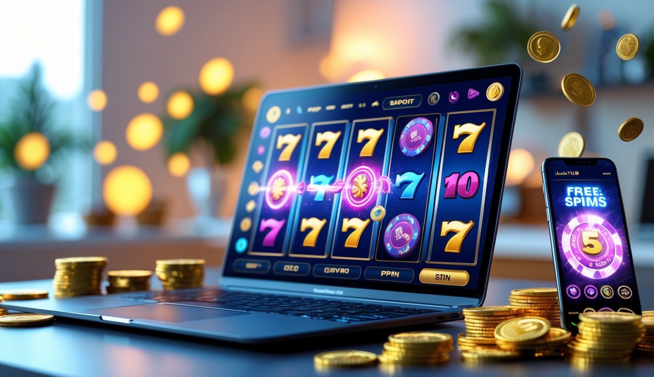 Layar laptop menampilkan permainan slot online dengan fitur bonus dan putaran gratis, dikelilingi koin emas dan chip kasino di meja kerja.