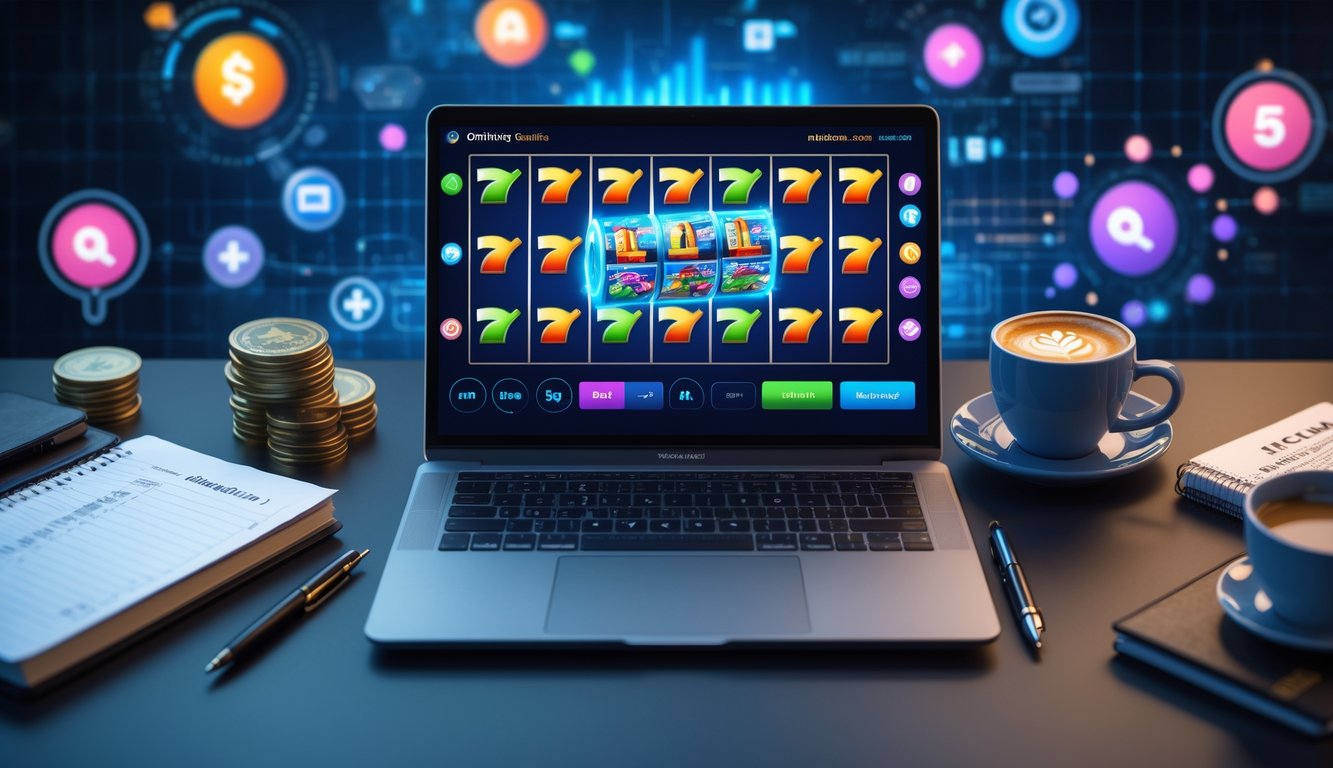 Seorang profesional sedang bekerja dengan laptop yang menampilkan permainan slot online, dikelilingi oleh catatan strategi dan kopi di meja kerja.