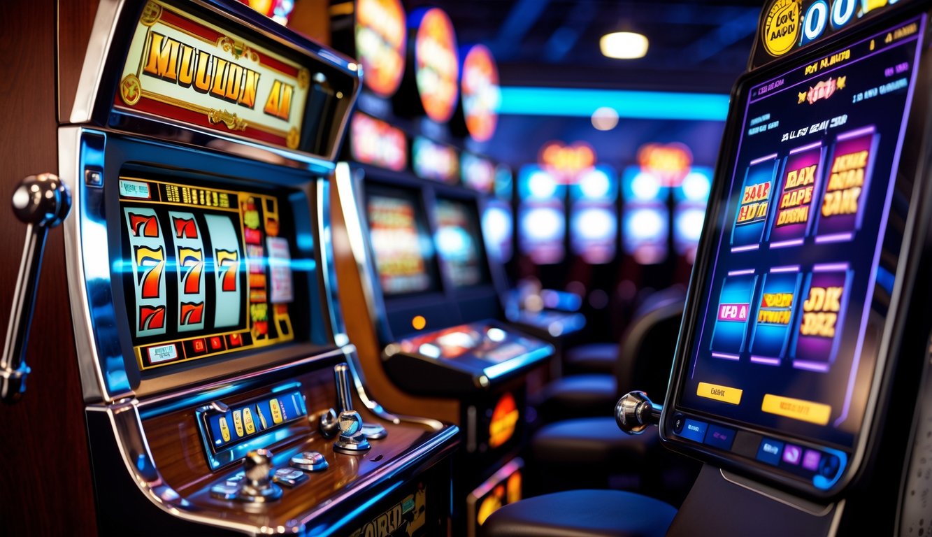 Gambaran perkembangan mesin slot dari mesin klasik dengan tuas ke permainan slot digital interaktif di layar sentuh.