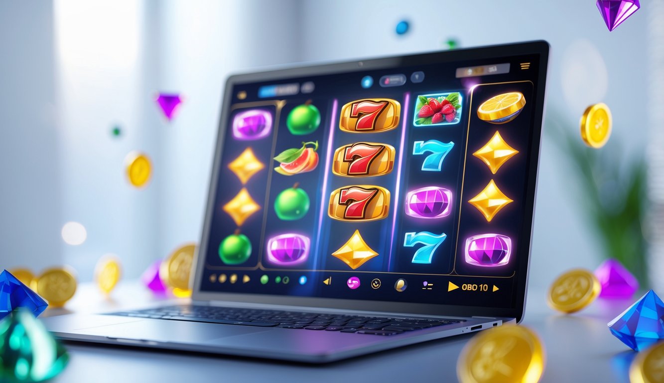 Sebuah komputer menampilkan permainan slot online dengan ikon warna-warni dan latar belakang yang bersih dan terang.