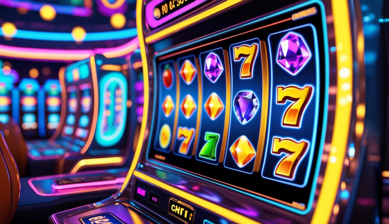 Tampilan mesin slot online dengan simbol warna-warni dan latar belakang terang yang menarik.