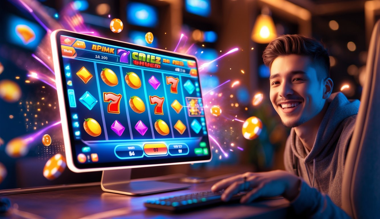 Seorang dewasa muda tersenyum sambil bermain game slot online di layar perangkat modern dengan latar belakang ruangan yang hangat.