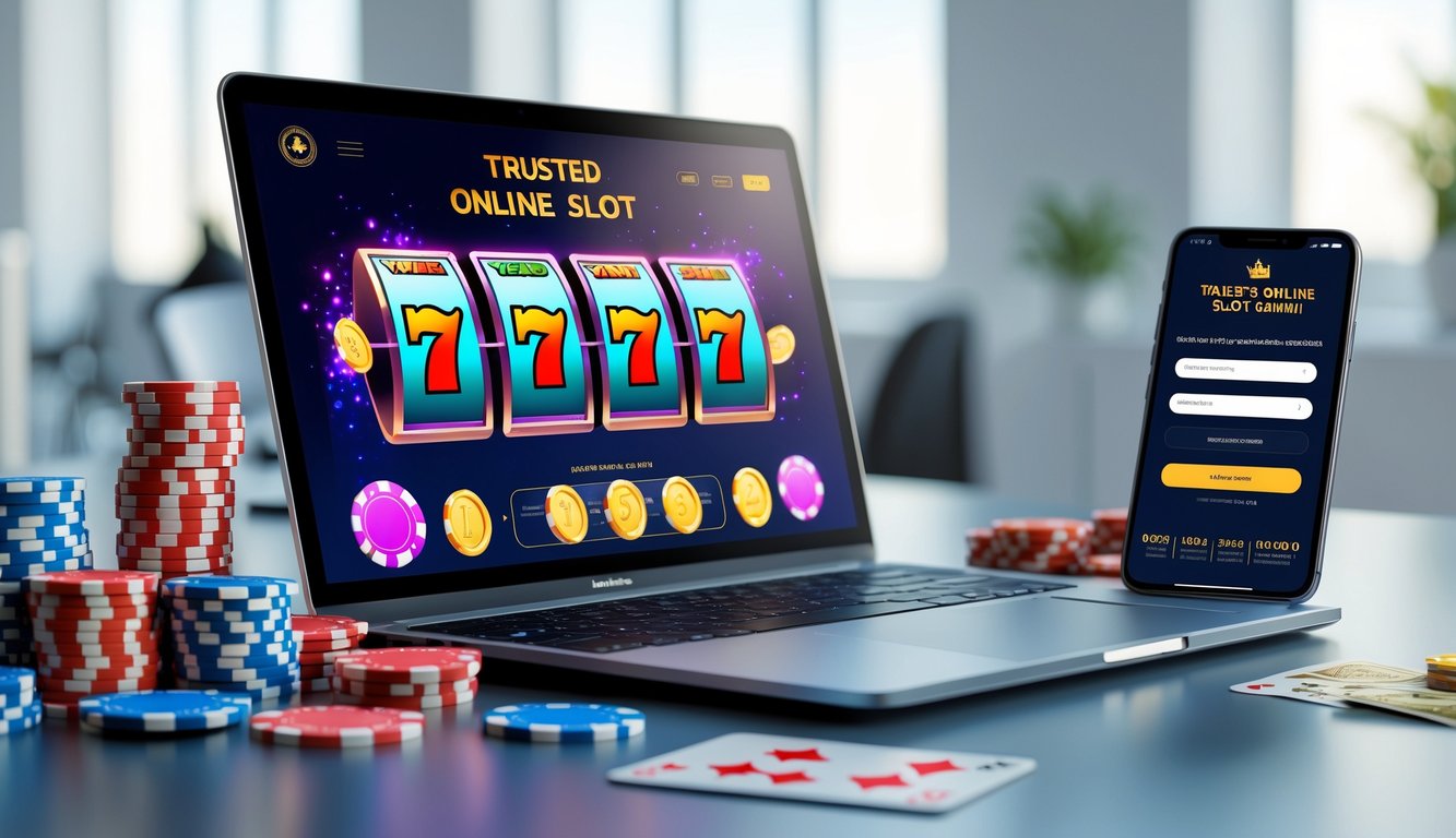 Seorang pria duduk di depan laptop dengan tampilan permainan slot online, dikelilingi oleh chip poker dan kartu remi di meja kerja yang rapi.