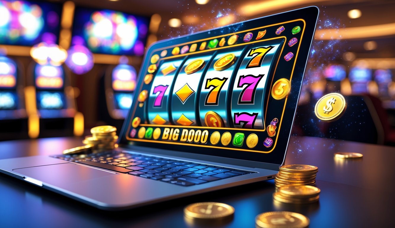Layar komputer menampilkan gulungan mesin slot berwarna cerah dengan koin emas, di latar belakang suasana kasino yang samar dan pencahayaan hangat.