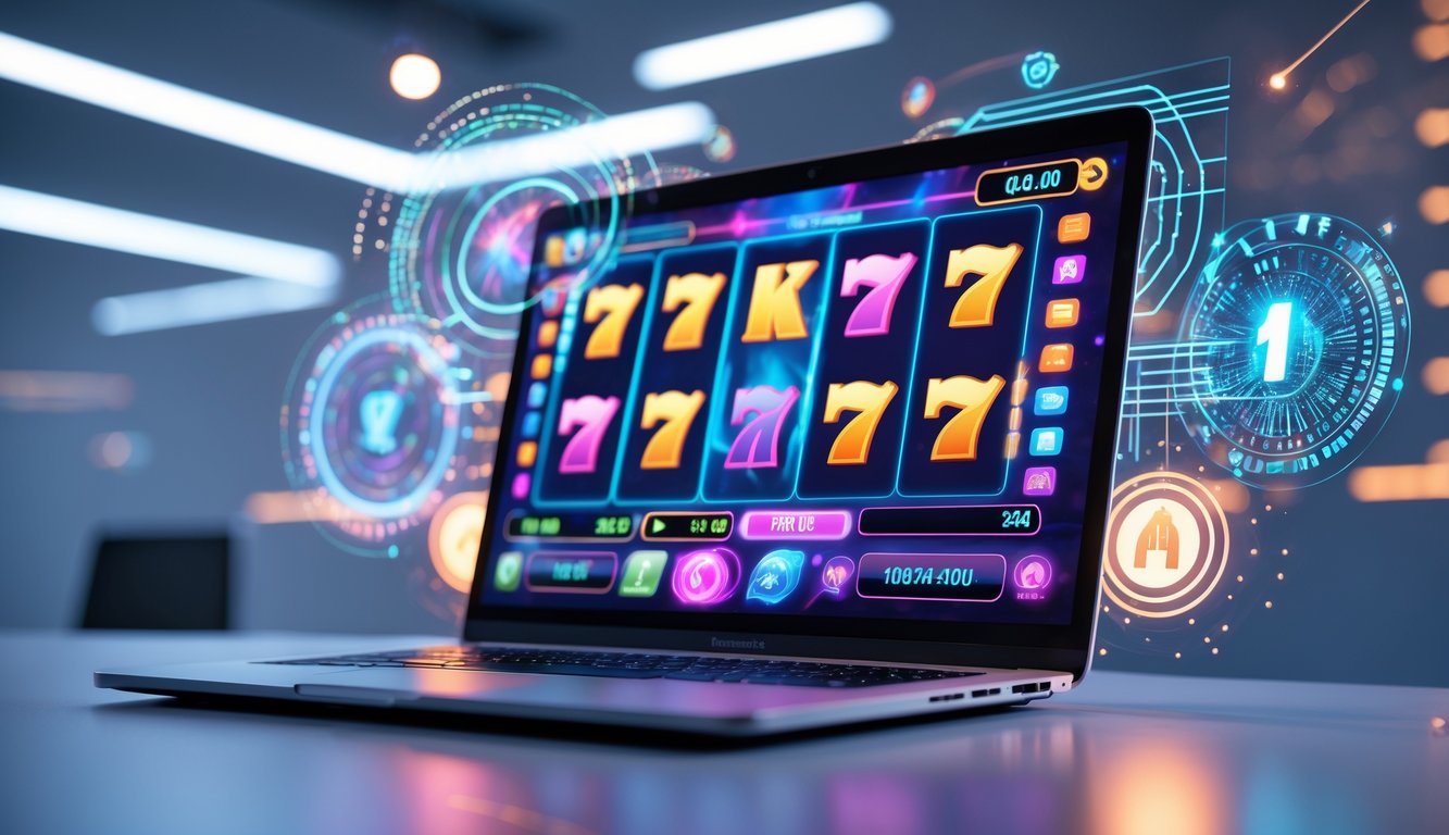 Seorang pengguna sedang bermain permainan slot online di komputer dengan elemen teknologi futuristik di sekitarnya.