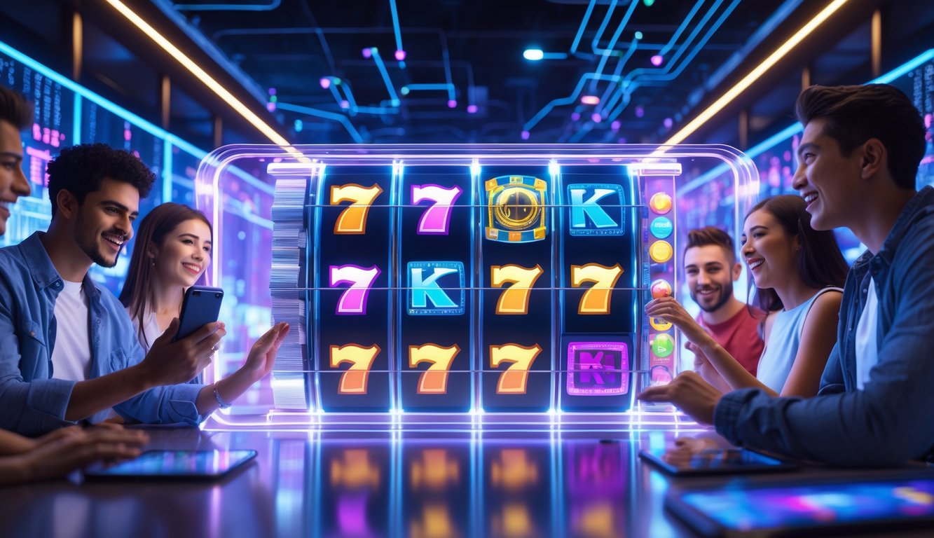 Beberapa orang muda sedang bermain game slot digital di perangkat elektronik dengan latar belakang elemen teknologi modern.