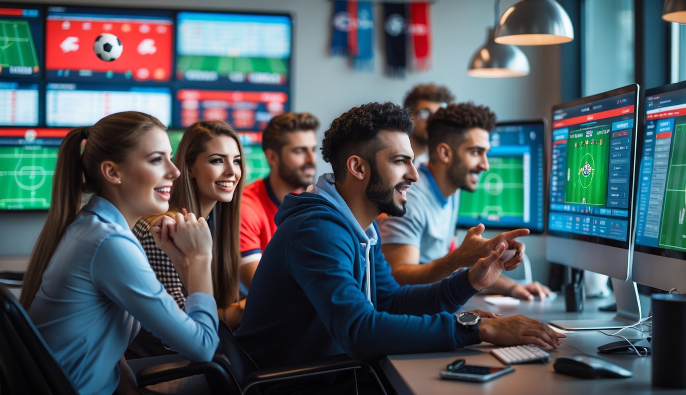 Beberapa orang muda yang antusias sedang menggunakan komputer untuk taruhan sepak bola online dengan pertandingan sepak bola yang ditampilkan di layar.