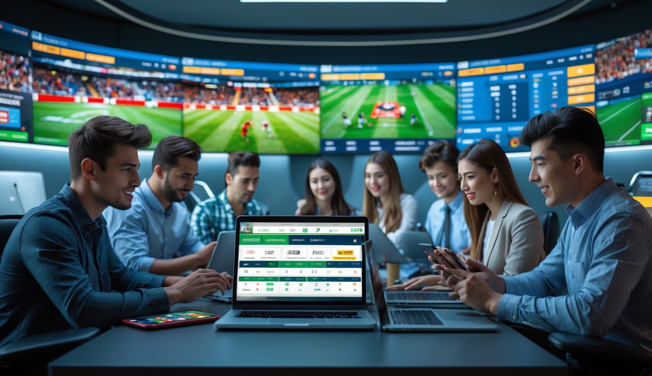 Sekelompok orang muda menggunakan perangkat digital untuk memasang taruhan olahraga secara online di ruang kerja modern.