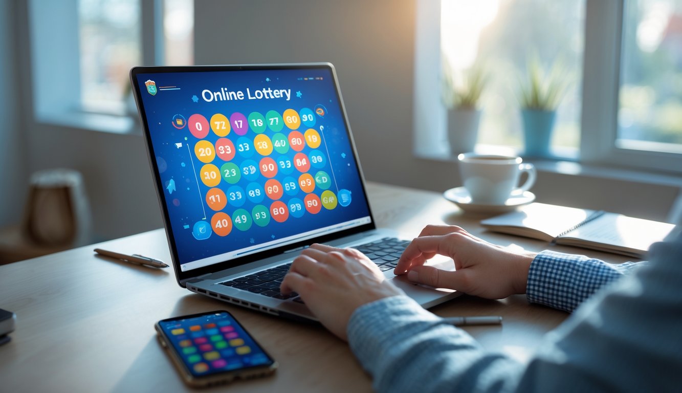 Seseorang menggunakan laptop di meja kerja dengan smartphone, buku catatan, dan secangkir kopi, fokus pada permainan togel online.