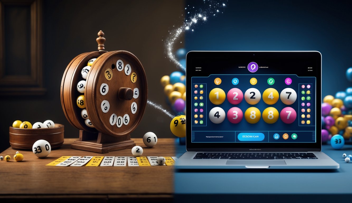 Perpindahan dari permainan togel tradisional dengan drum kayu dan bola nomor ke platform togel online di layar perangkat digital.